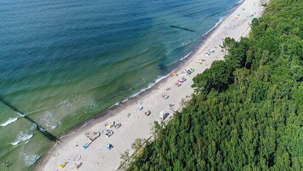 An aerial view of a beach with a long stretch of sand, a pier extending into the water, and dense greenery on the right. - Holiday Studio Near the Beach, Playground (Mielno)