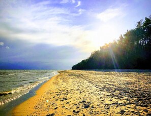 Een strand met een zandstrand en bebost gebied op de achtergrond.