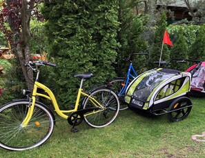 Bicycle parked on a grassy area, secured with a child carrier.