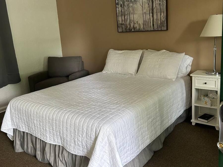 Una cama bien hecha con un edredón blanco, una mesita de noche con lámpara y una silla.