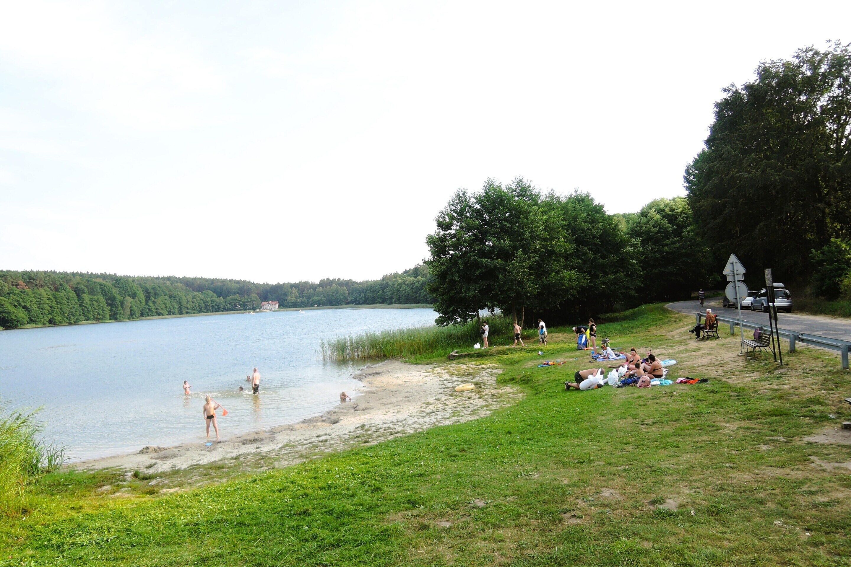 A lakeside scene with people swimming and relaxing on the shore.