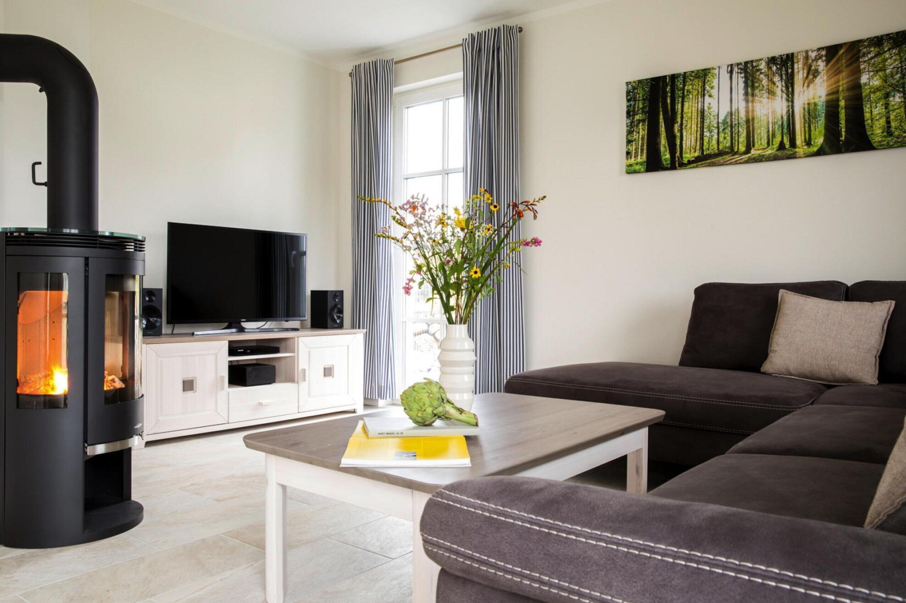 A living room with a black wood stove, a flat-screen TV, a sofa, a coffee table, and a window with curtains.
