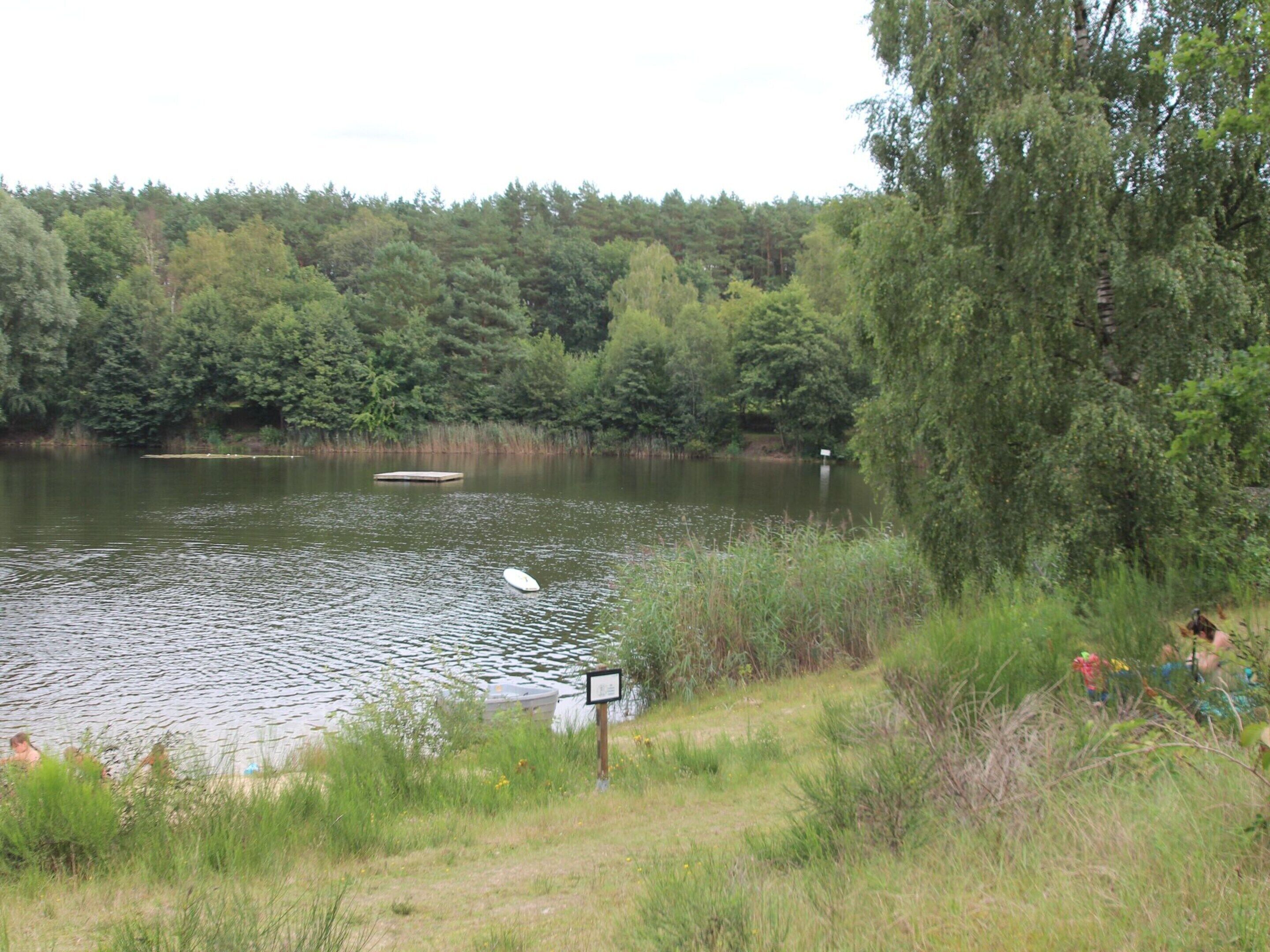 A lake with a dock, surrounded by dense forest.