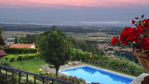 A swimming pool with a view of a town and fields in the background. - Estate in Monte Serra With Pool & Olive Trees (Buti)