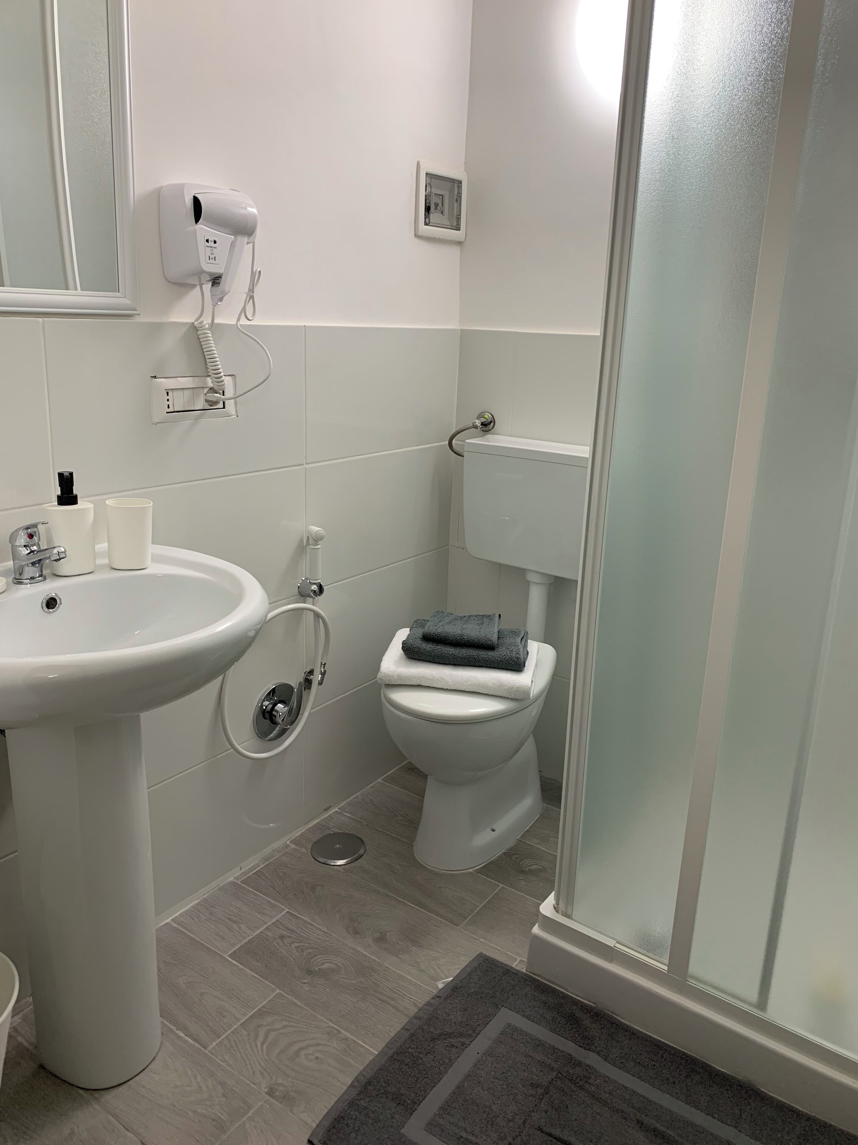 A bathroom with a white sink, a toilet, and a shower area.