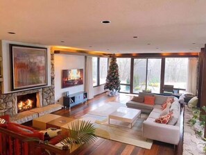 Smart TV, fireplace, table football, books