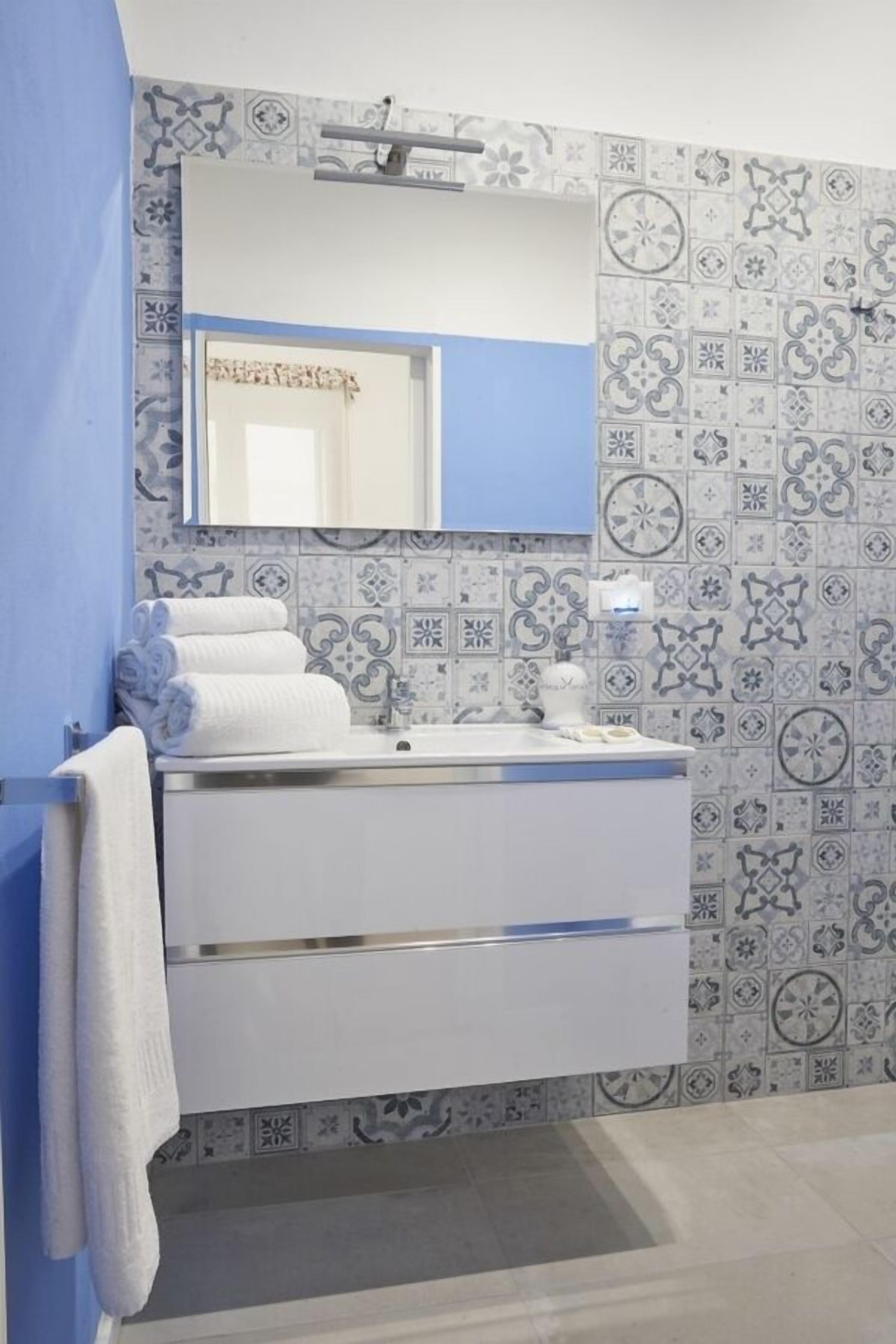 A bathroom with a white vanity, a mirror, and patterned tiles on the walls.