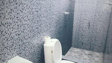 Shower, towels, soap, shampoo