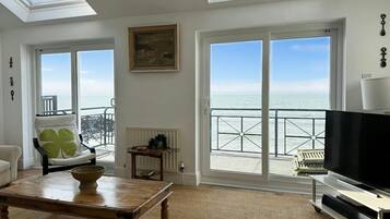 TV, fireplace, books