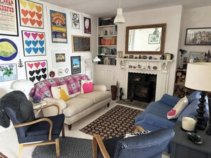 TV, fireplace, books