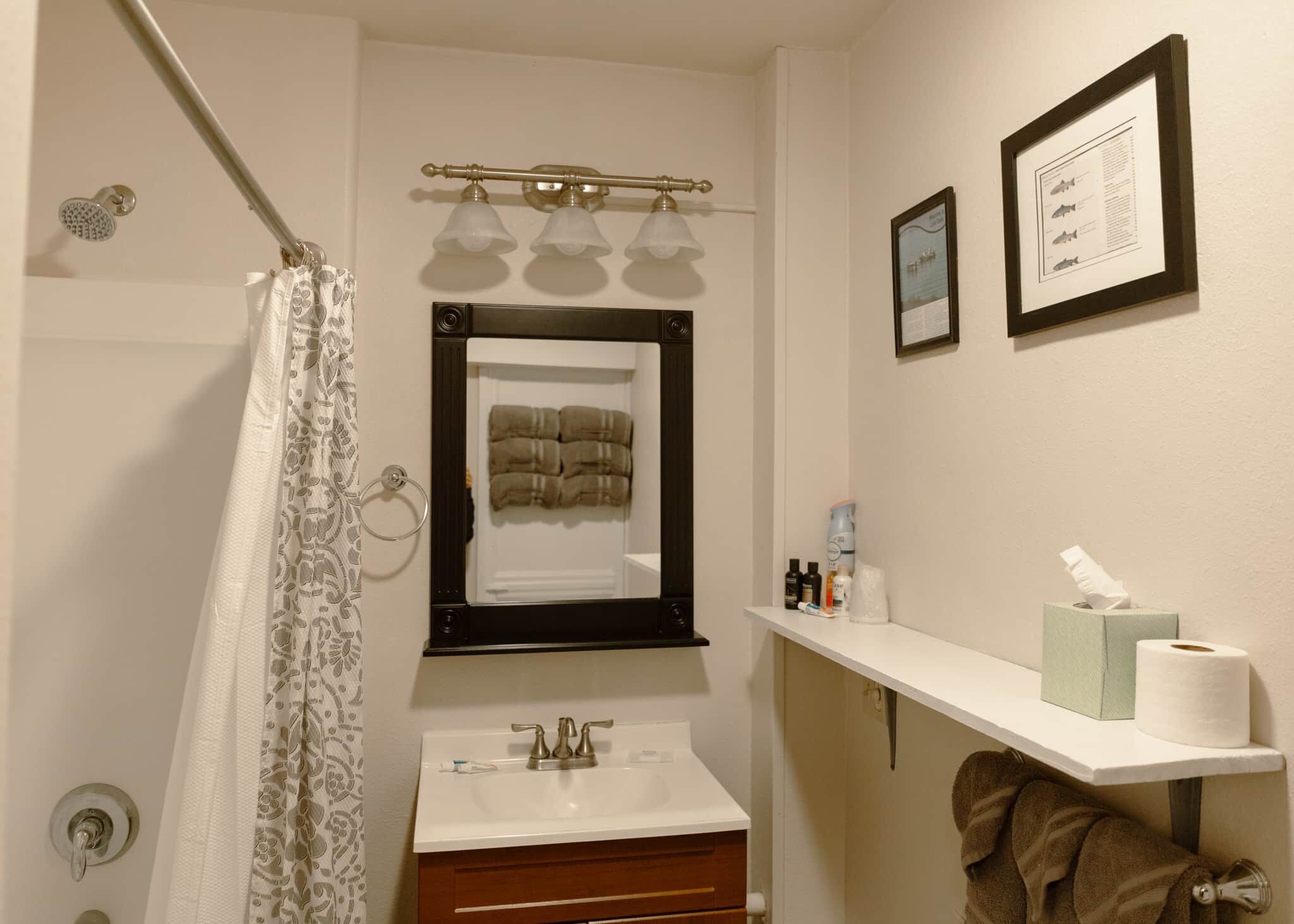 A bathroom with a shower curtain, a sink, a mirror, a towel rack, and a shelf with toiletries.