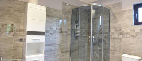 A modern bathroom with a glass-enclosed shower, a toilet, and a built-in sink with a vanity.
