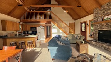 Smart TV, fireplace, books