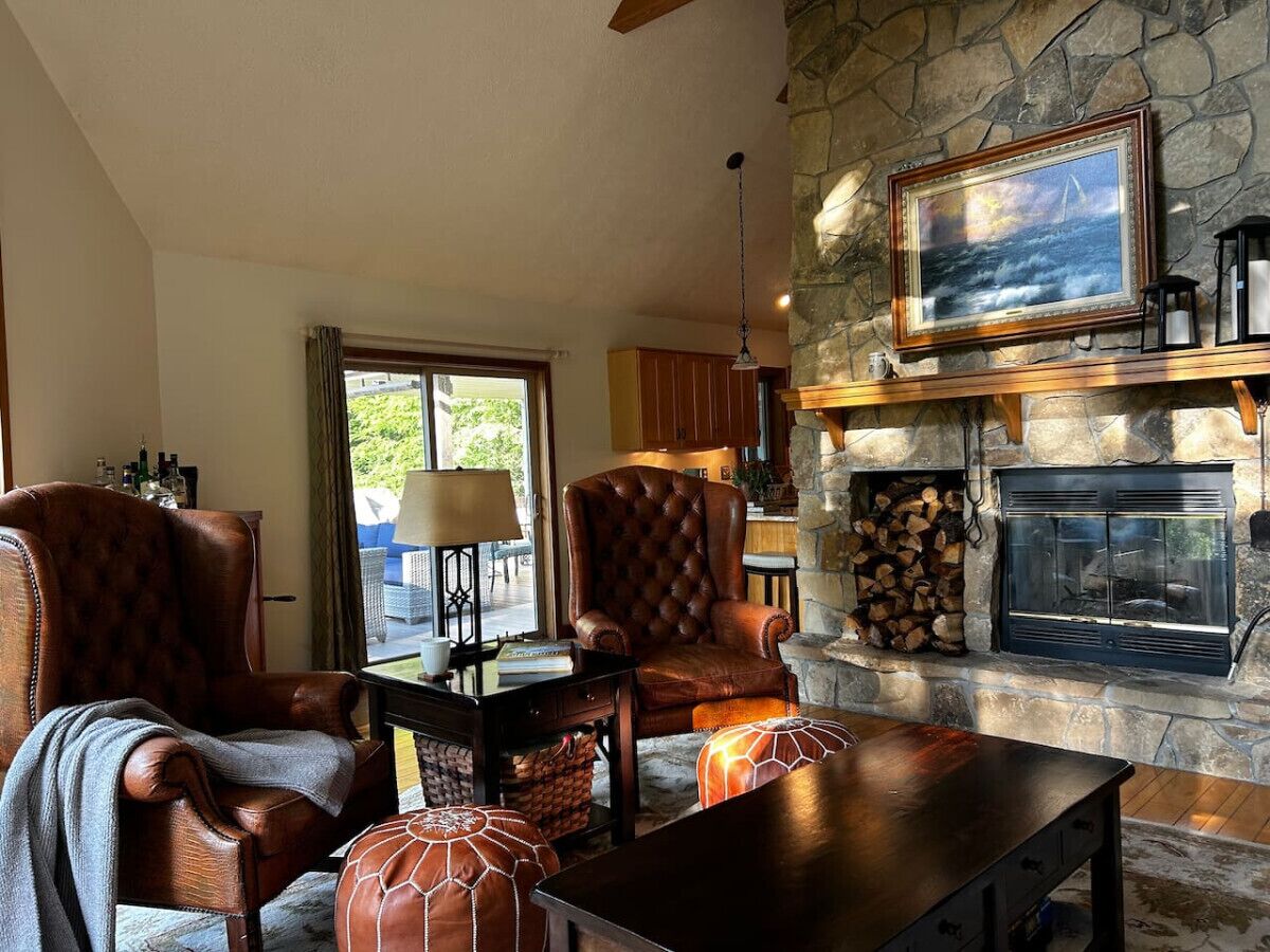 Smart TV, fireplace, books