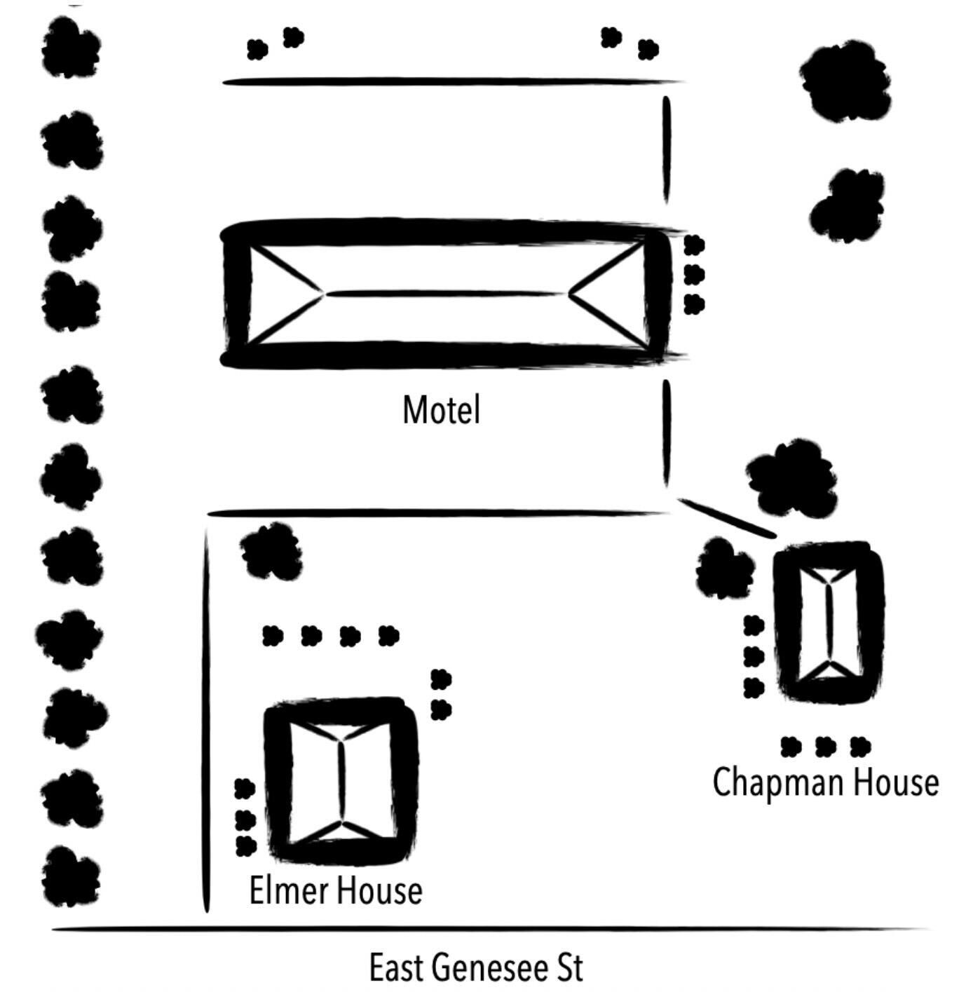 A simple floor plan of a motel with two rooms, a Chapman House, and an Elmer House.