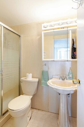 Secador de cabelo, toalhas de banho, sabonete, shampoo