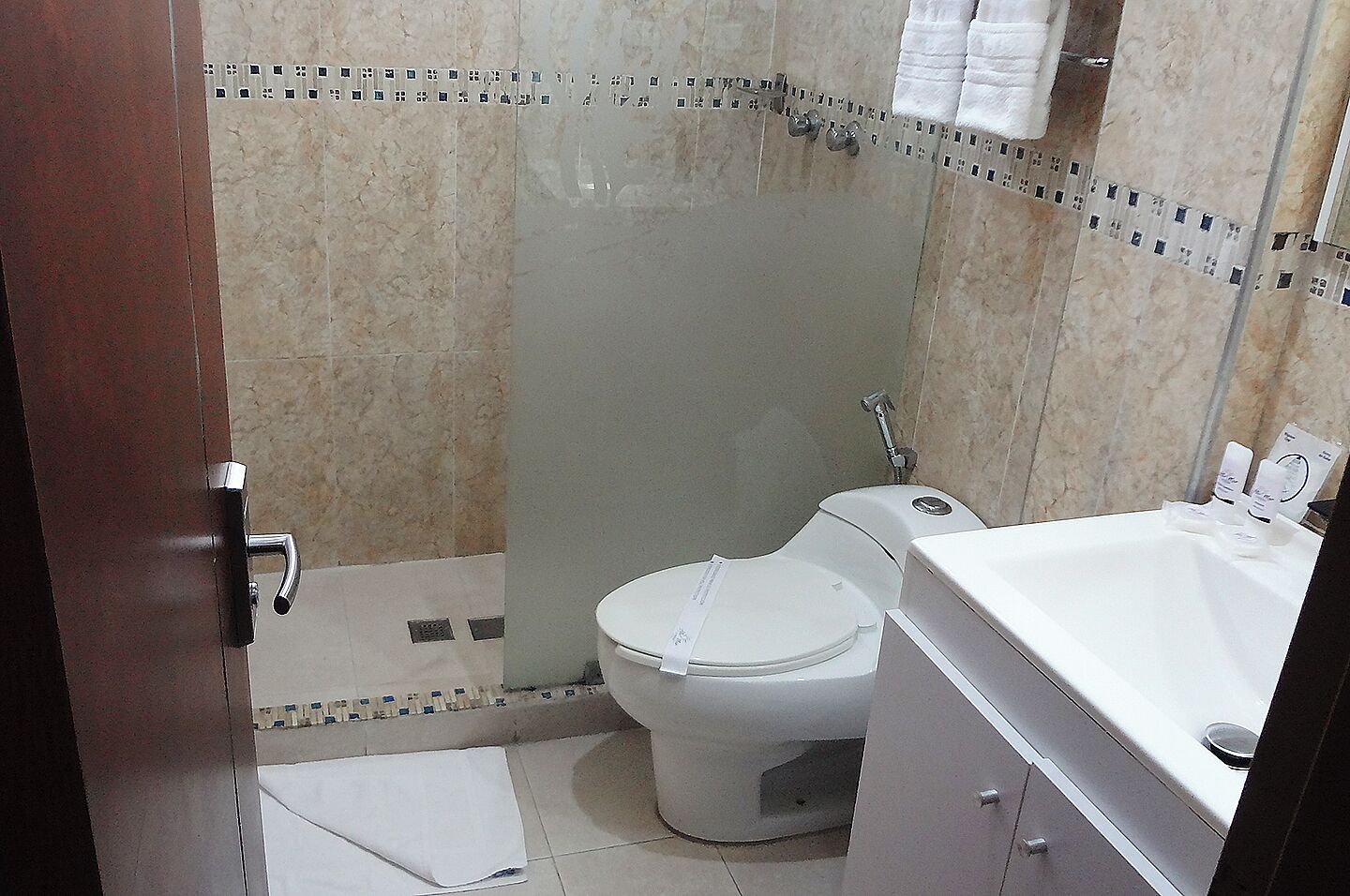 A bathroom with a toilet, a sink, and a shower area.