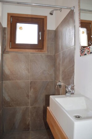 Shower, towels, soap, toilet paper