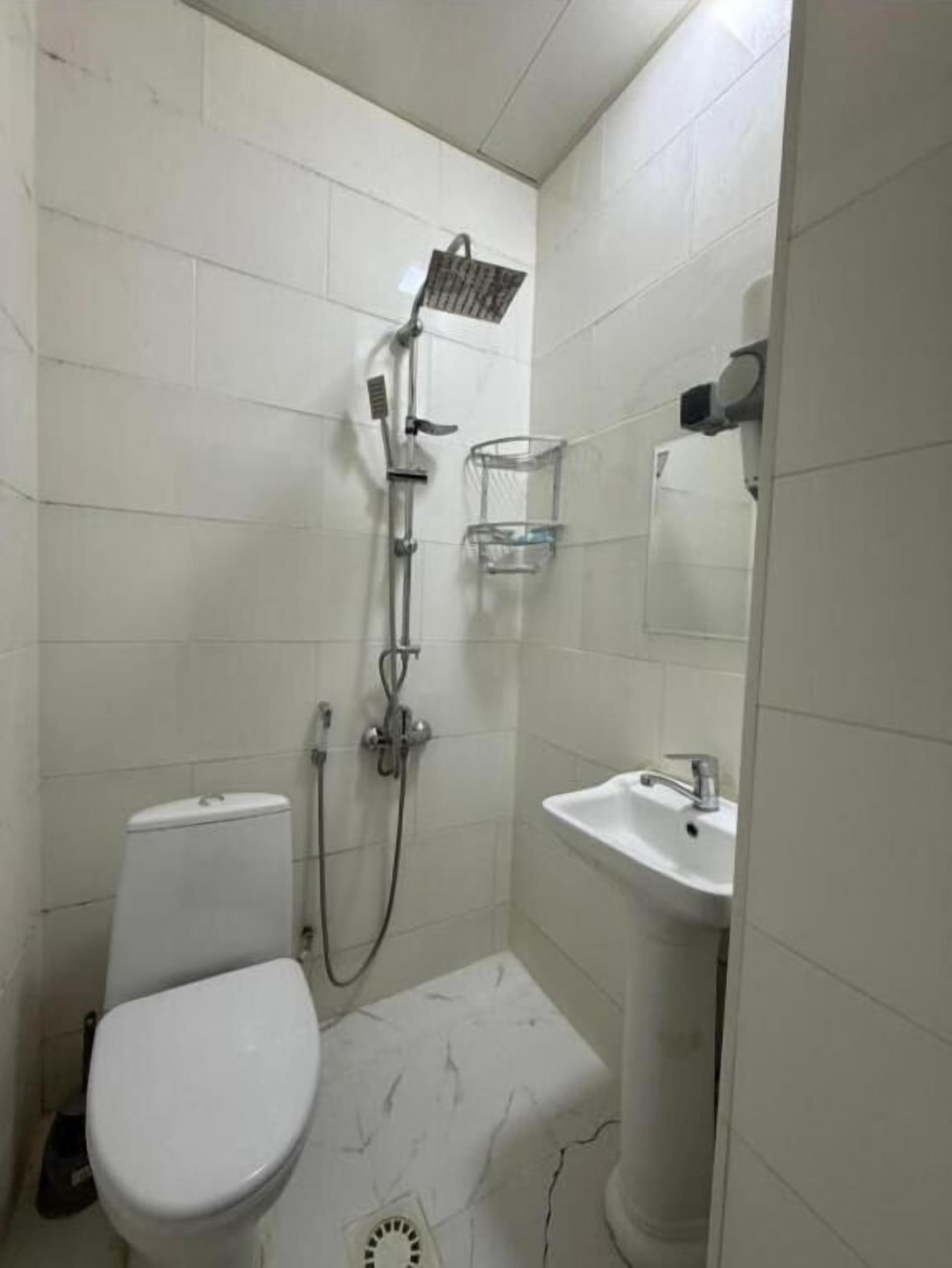 Un baño pequeño con inodoro, ducha y lavabo.