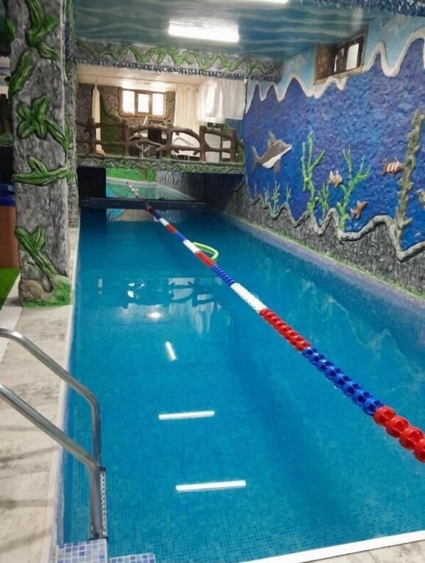 An indoor swimming pool with clear lane dividers, a mural depicting underwater scenery, and a stone wall on one side. - Delfin Hotel & Restorant & Spa (Ganja)