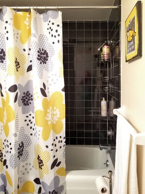 Shower, hair dryer, towels, soap