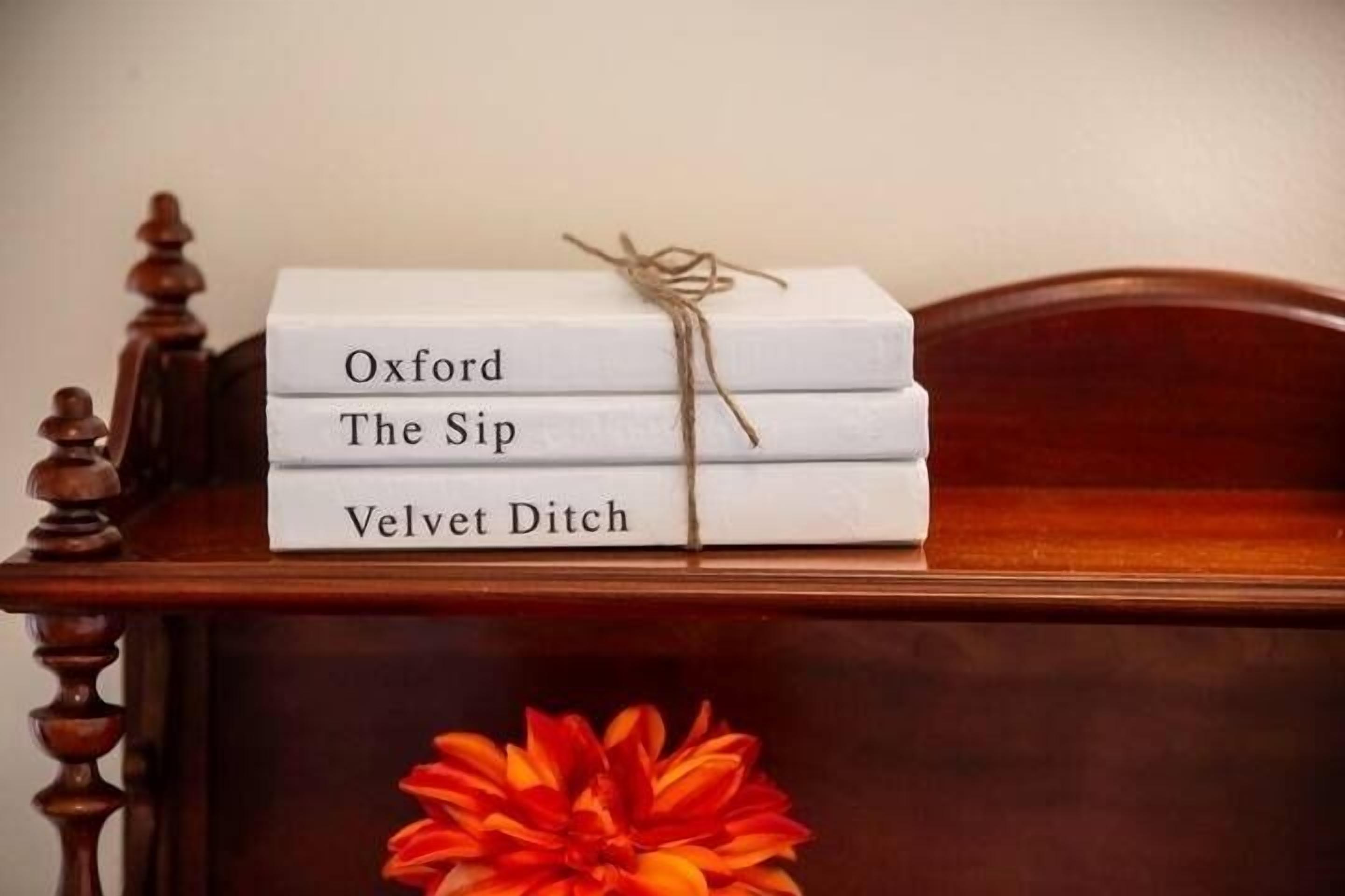 A stack of books titled 'Oxford The Sip' and 'Velvet Ditch' on a wooden table.