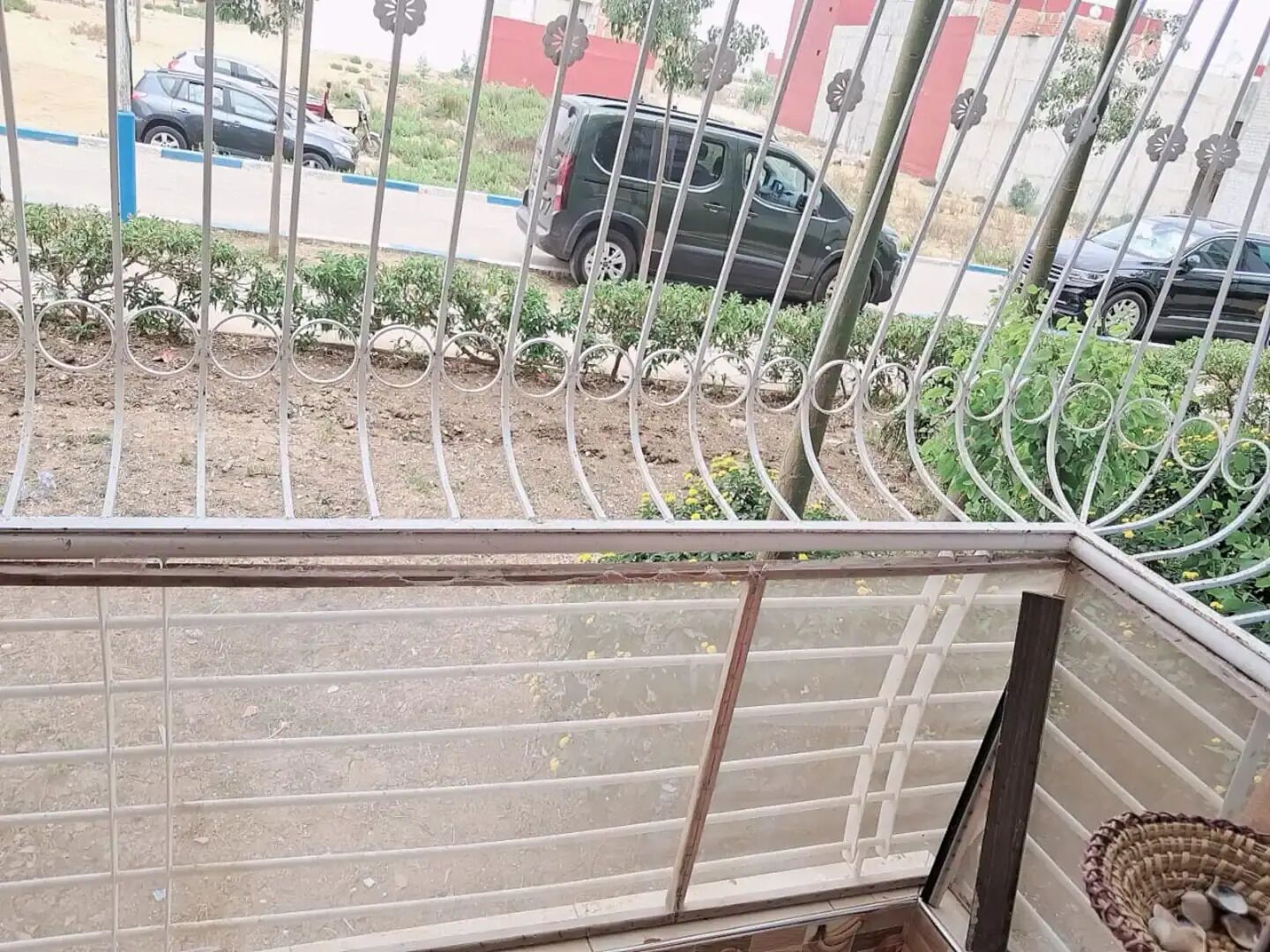 A metal gate with a decorative design, a paved area with plants, and parked cars in the background.