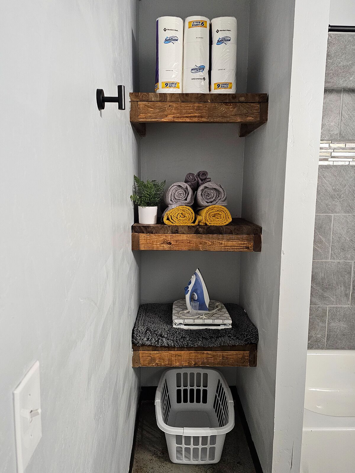 Hair dryer, towels, soap, toilet paper