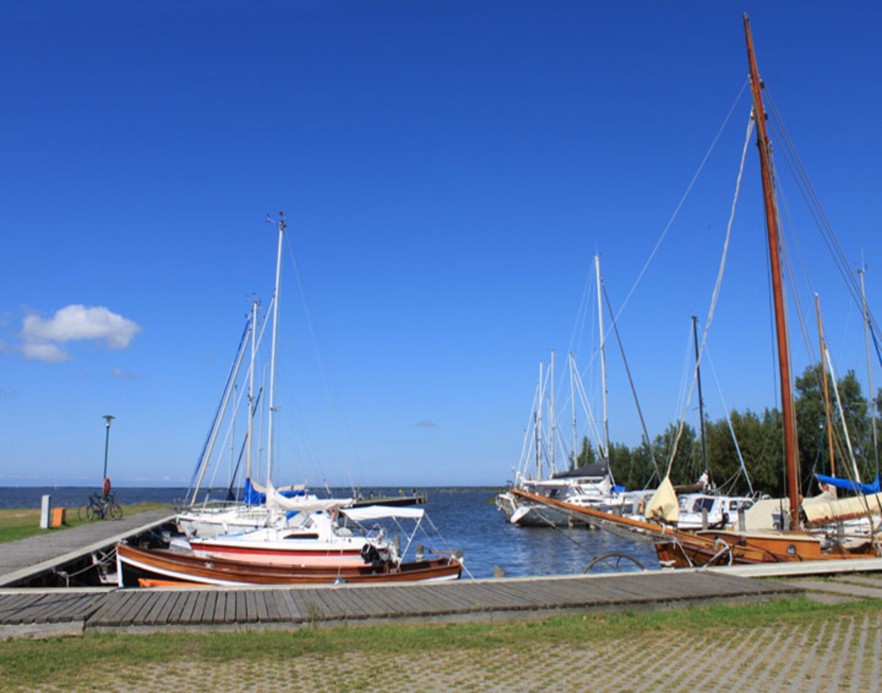 Un port de plaisance avec plusieurs bateaux amarrés, une jetée en bois et un ciel bleu dégagé.