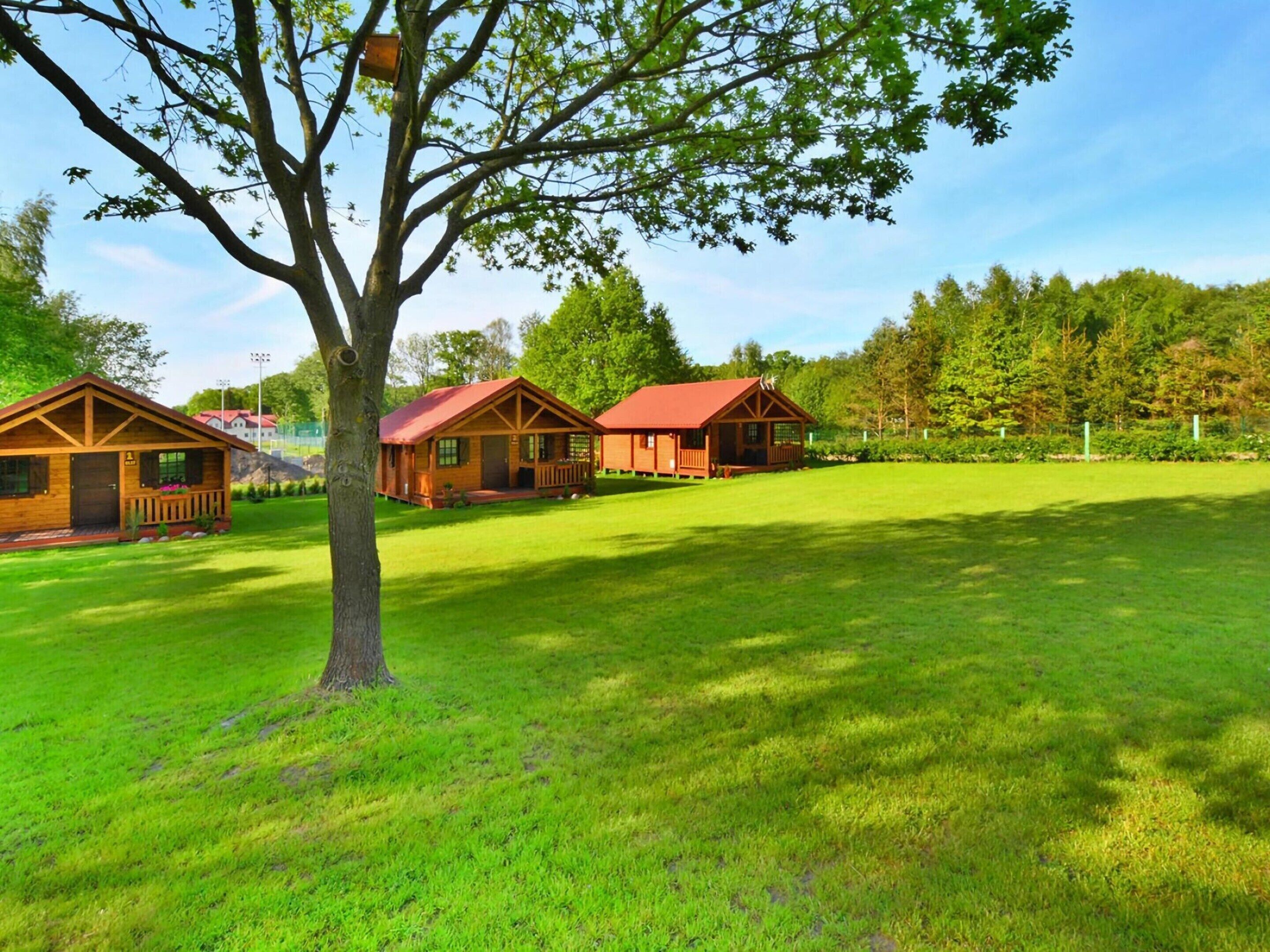 A row of wooden cabins with red roofs, surrounded by a grassy field and trees.
