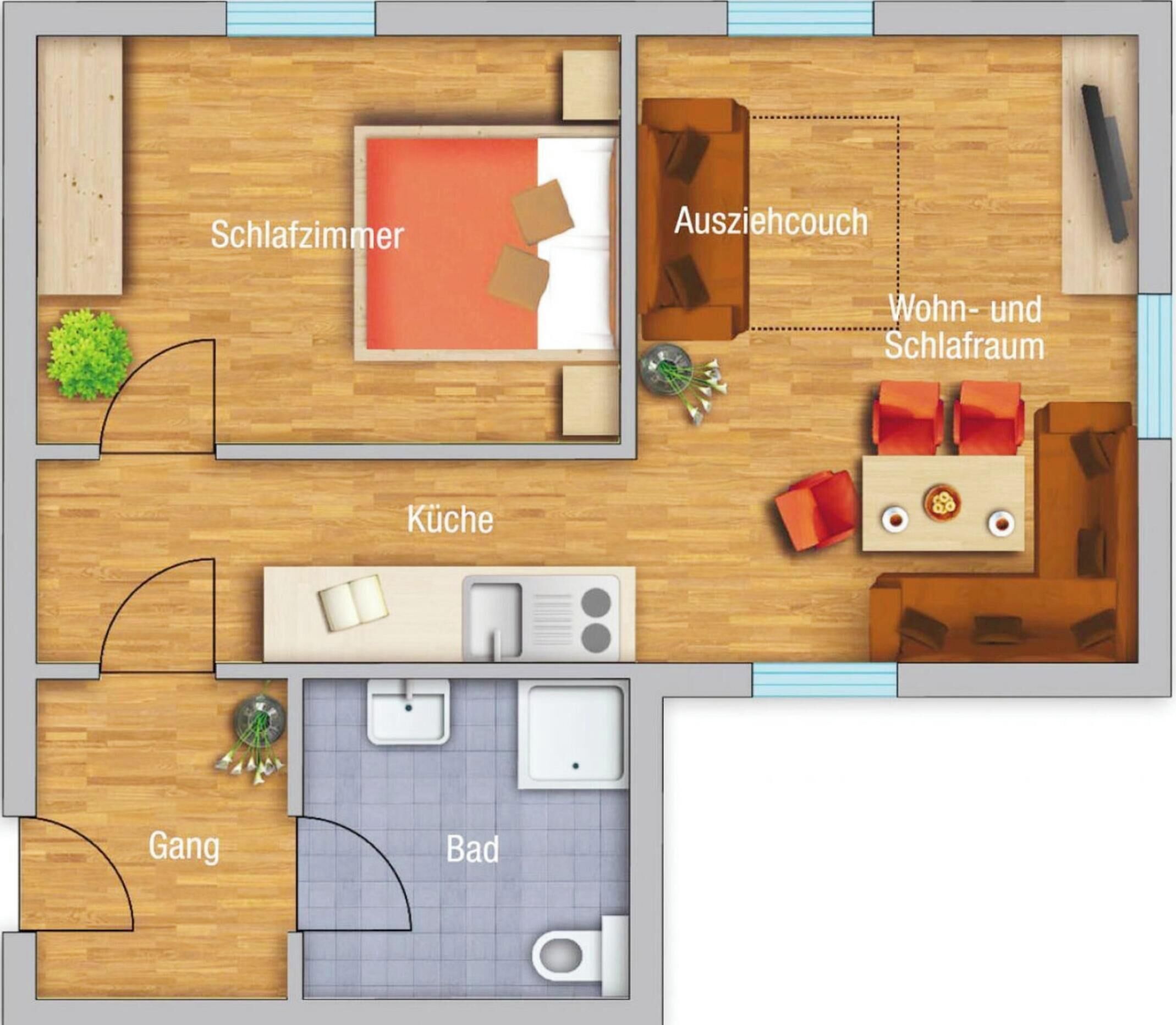 Ein Hotelgrundriss mit Wohnzimmer, Essbereich, Küche, Bad und einem kleinen Garten.