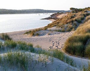 A sandy beach with dunes and grass, a calm body of water, and boats in the distance. - Ferienwohnung in Wyk-boldixum auf Foehr (Wyk auf Foehr)