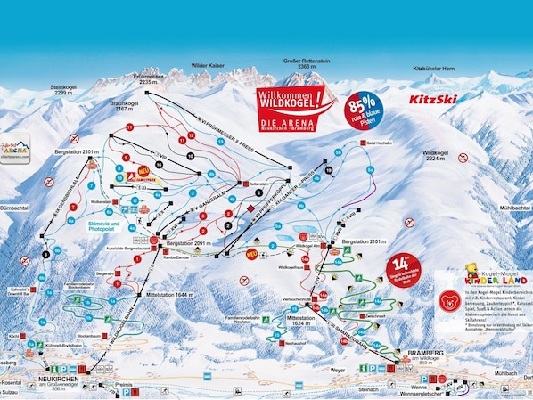A ski resort map with marked ski runs, stations, and amenities. - Apartment in Bramberg Near Wildkogel Arena (Bramberg am Wildkogel)