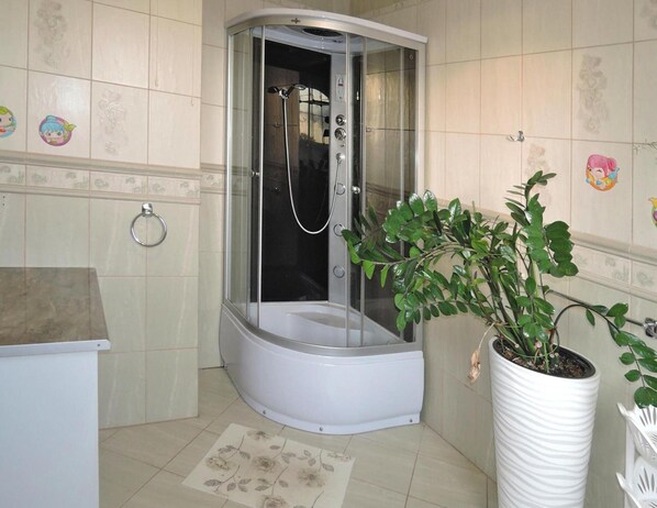 A corner bathroom with a shower enclosure, a sink, and a potted plant. - Holiday Home Kolczewo Near Baltic Sea Beach (gmina Wolin)