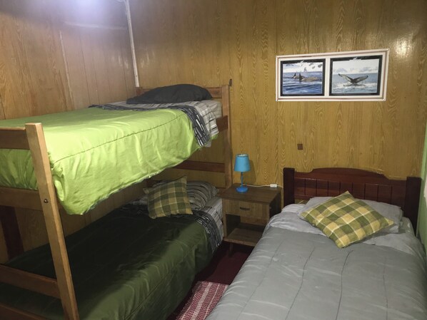Habitación con literas, cabecera de madera, mesita de noche con lámpara y dos cuadros en la pared.