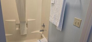 Regadera, toallas, jabón, shampoo 