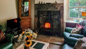 A living room with a fireplace, green leather sofas, a television, and a vase of sunflowers. - 2 bedroom accommodation in Aldwark, near Brassington (Aldwark, near Brassington)