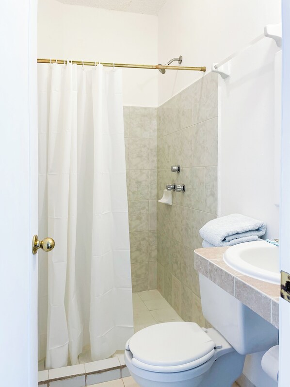 A bathroom with a shower, toilet, and sink.