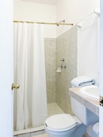 Estudio clásico, patio, vistas al jardín | Baño | Ducha, toallas, jabón y champú