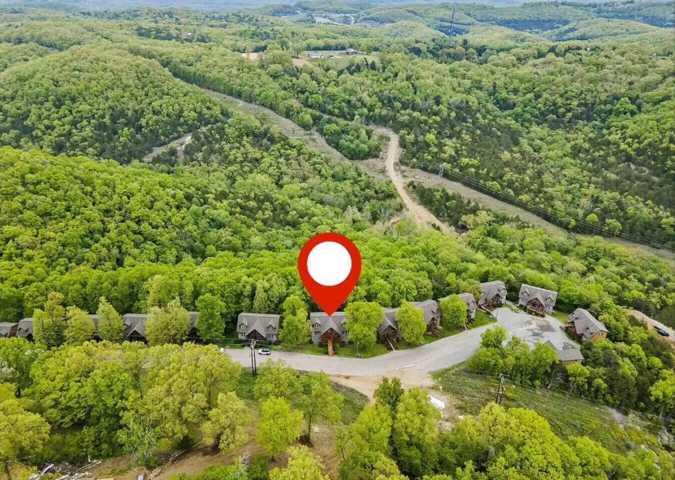 Un gruppo di casette in stile tradizionale circondate da una fitta foresta, collegate da una strada tortuosa.