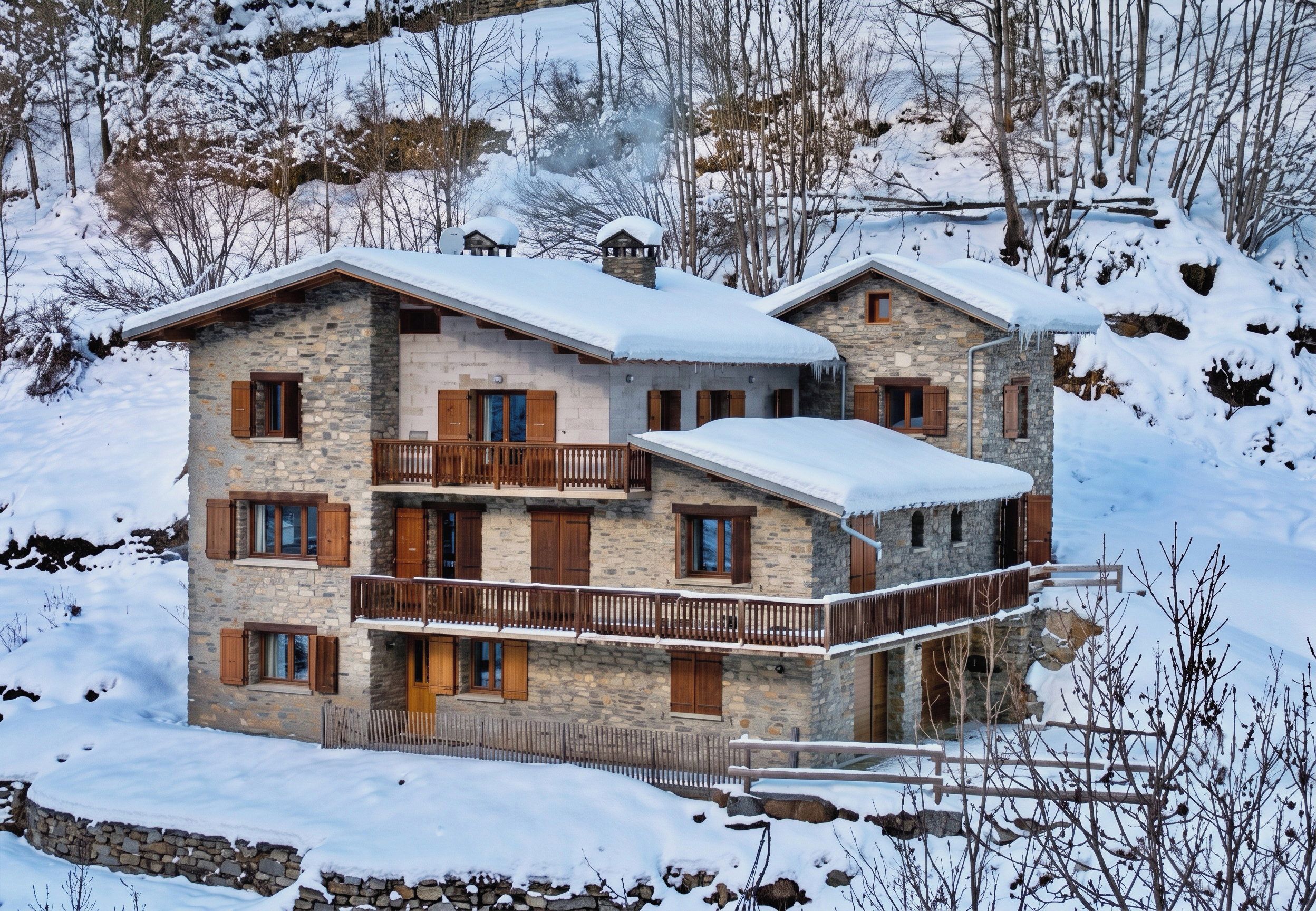 Un edificio de varios pisos de piedra con un balcón, rodeado de árboles cubiertos de nieve.