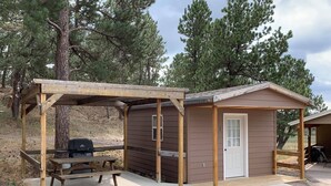Une petite cabane en bois avec une table de pique-nique couverte et un barbecue.