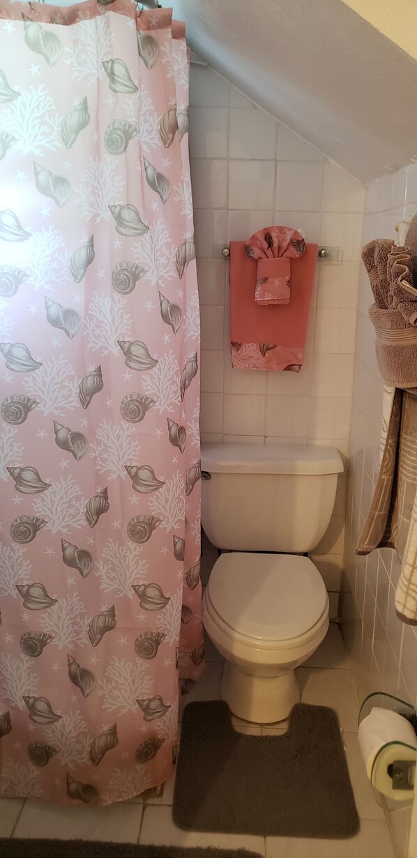 A bathroom with a toilet, a shower curtain with a shell pattern, a towel rack with a pink towel, and a brown rug. - Historical Gem with Captivating Views of the Charlotte Amalie Harbor (Charlotte Amalie)