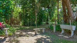 A garden with a wooden bench, a birdbath, and a concrete planter.