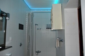 Shower, hair dryer, bidet, towels
