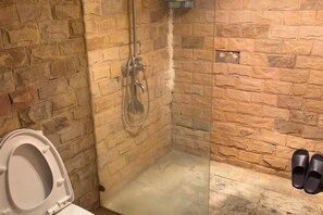 A bathroom with a stone wall, a shower, and a toilet. - Lijiang Blue Stone Inn (Lijiang)