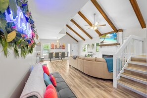 Smart TV, fireplace, table football, books