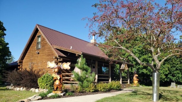 Une cabane rustique en rondins de bois, surmontée d’un toit en métal, entourée d’un jardin aménagé et accessible par une allée en bois menant à l’entrée.