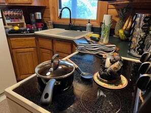 Fridge, microwave, oven, stovetop - 3 BR Cabin on 80 Acres with Hiking, ATV, Horse Trails WiFi, AC, Fishing Pond (Friendship)