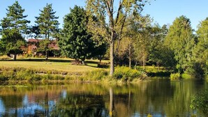 Un étang paisible, bordé d’une végétation luxuriante et d’arbres, dans lequel se reflètent le ciel et les bâtiments environnants.